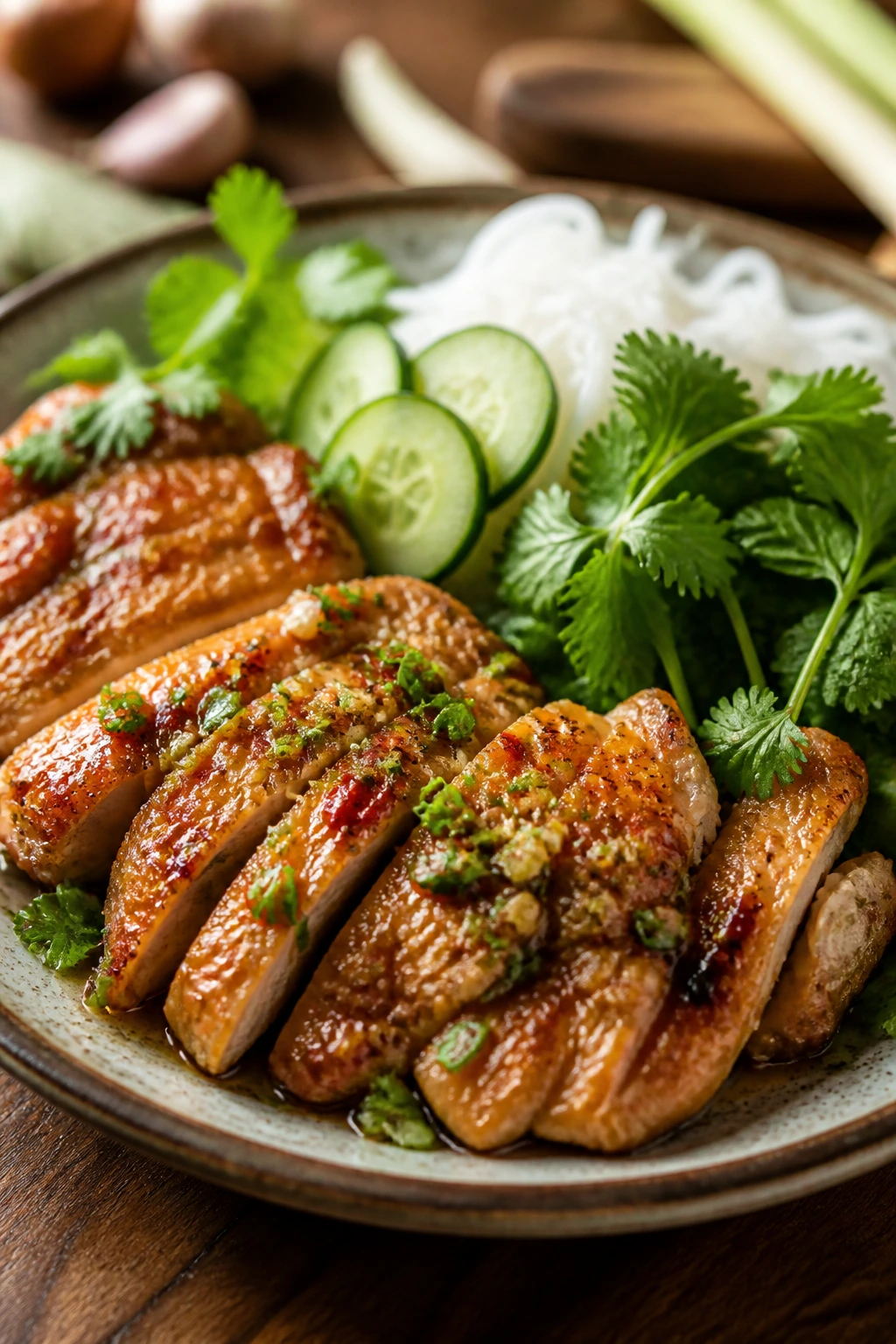 Close-up of lemongrass chicken with cucumber and herbs on a rustic plate