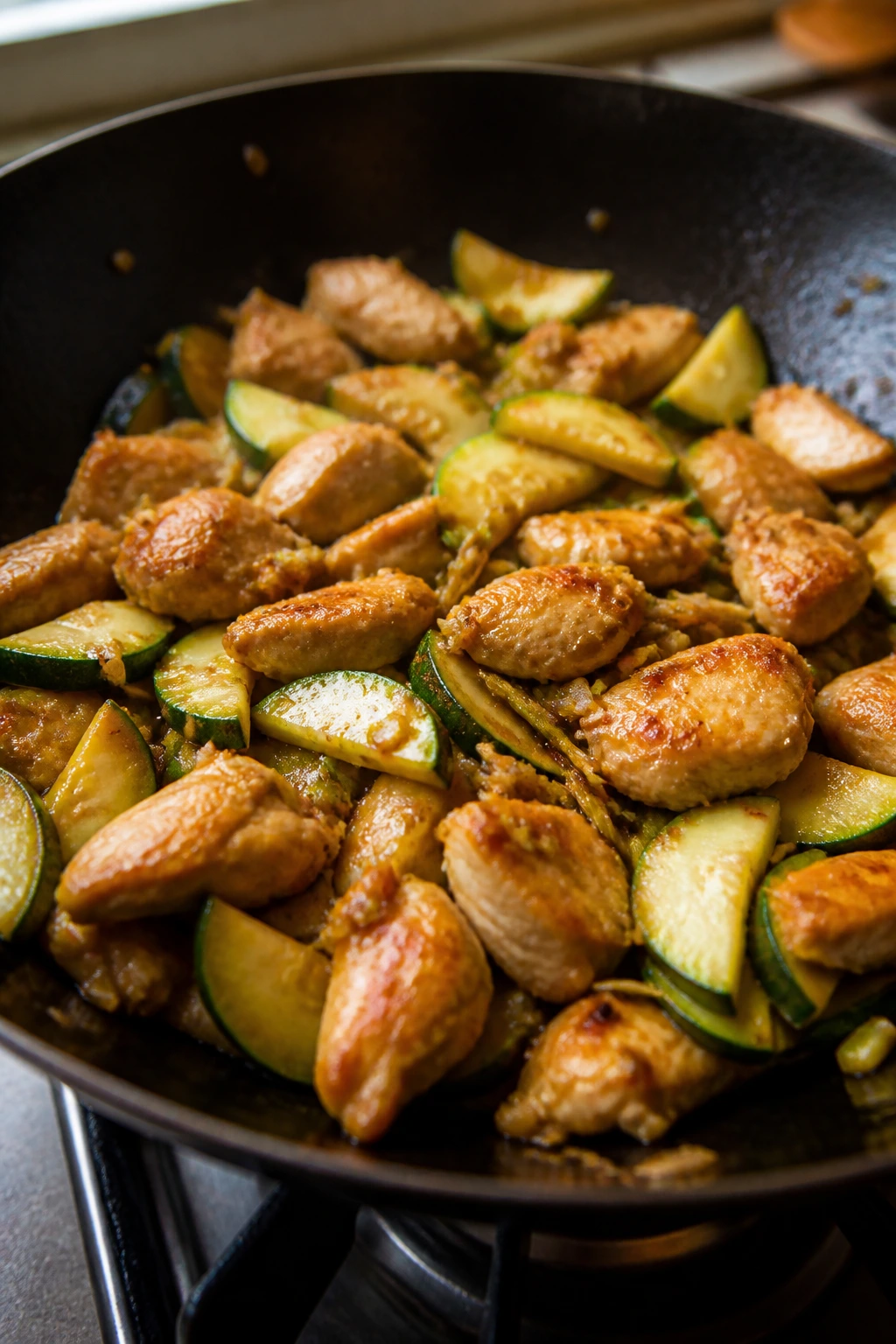 Close-up of lemongrass chicken with zucchini in citrusy oil