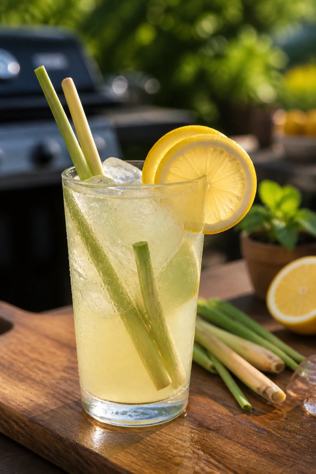 Close-up of lemongrass lemonade with stalks inside on a grill-side counter
