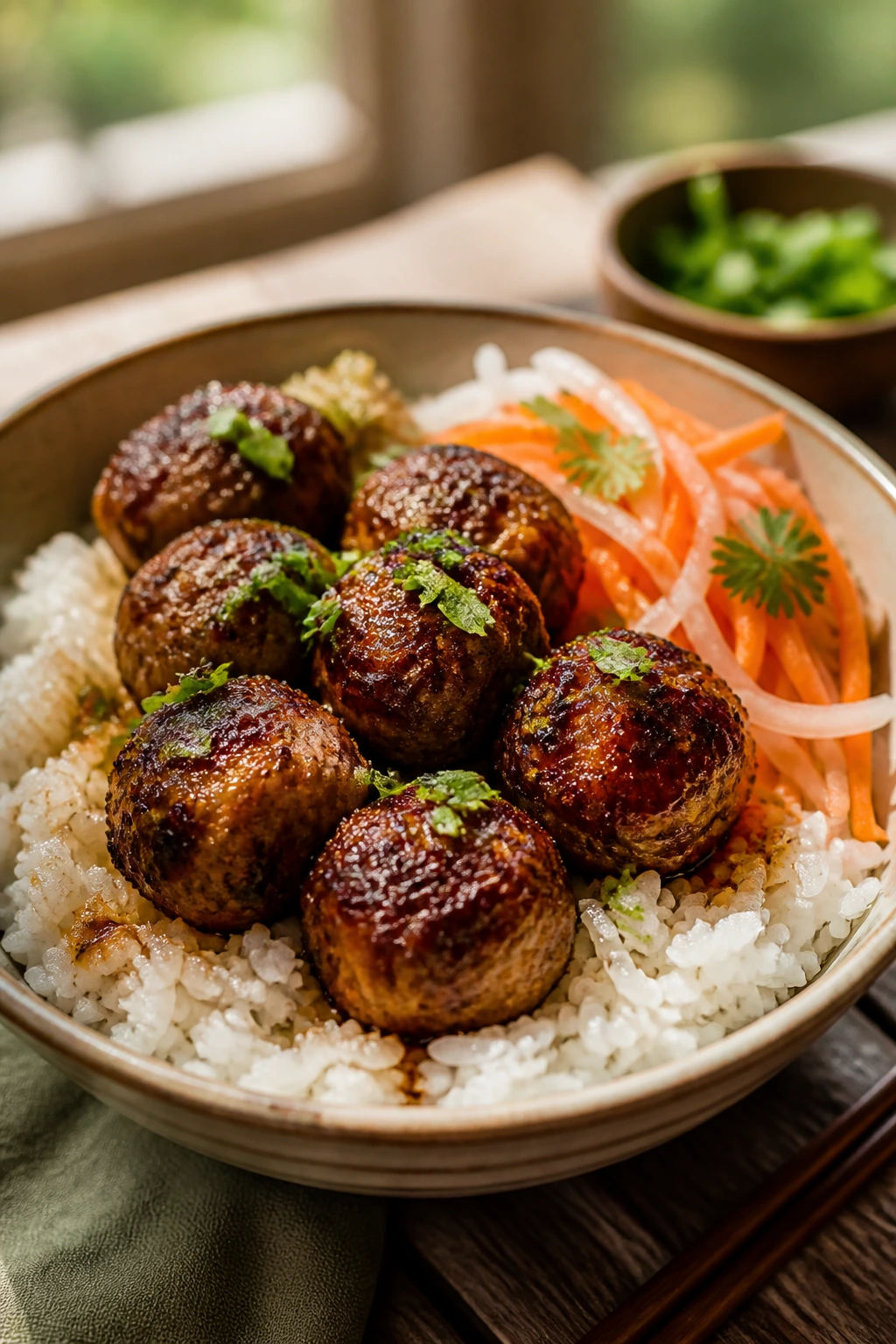 Close-up of lemongrass pork meatball rice bowl on a wooden table