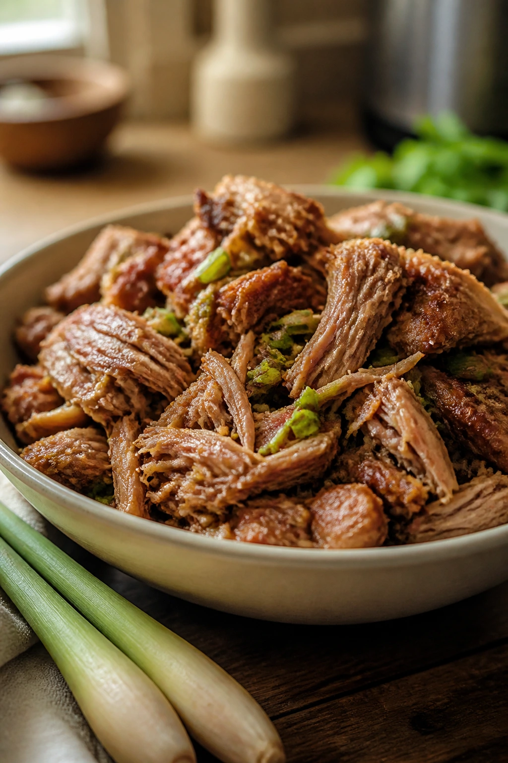 Close-up of lemongrass pork in a bowl with lemongrass stalks