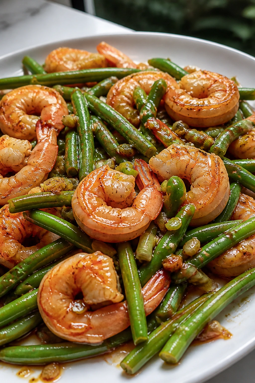 Close-up of lemongrass shrimp with green beans on plate