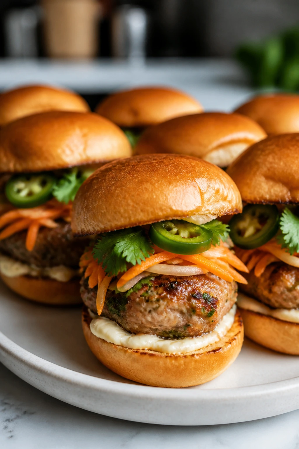 Bright Vietnamese lemongrass pork sliders with pickled carrots and cilantro on toasted buns