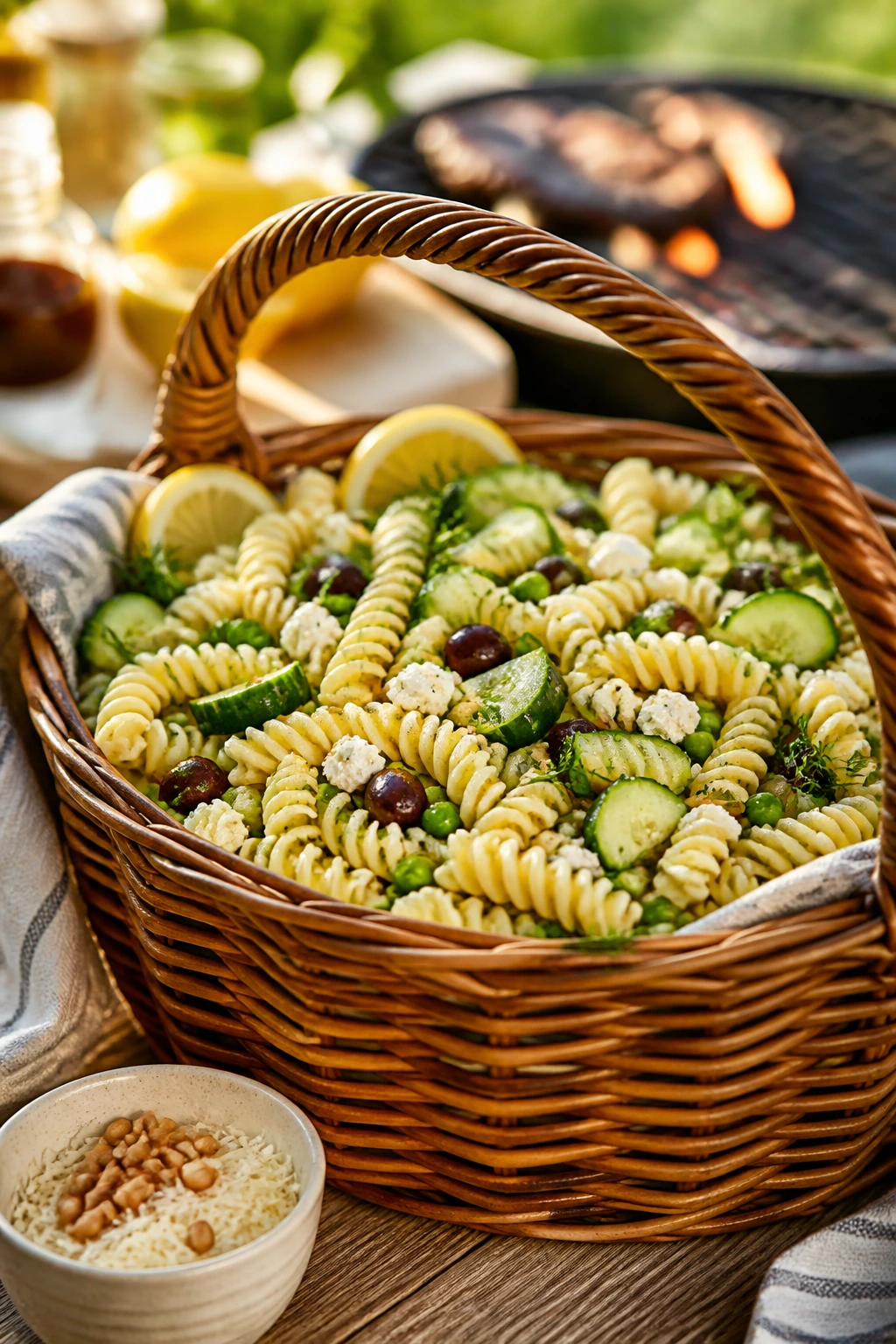 Lemony pasta salad basket with rotini, peas, cucumbers, olives, feta, herbs, and vinaigrette