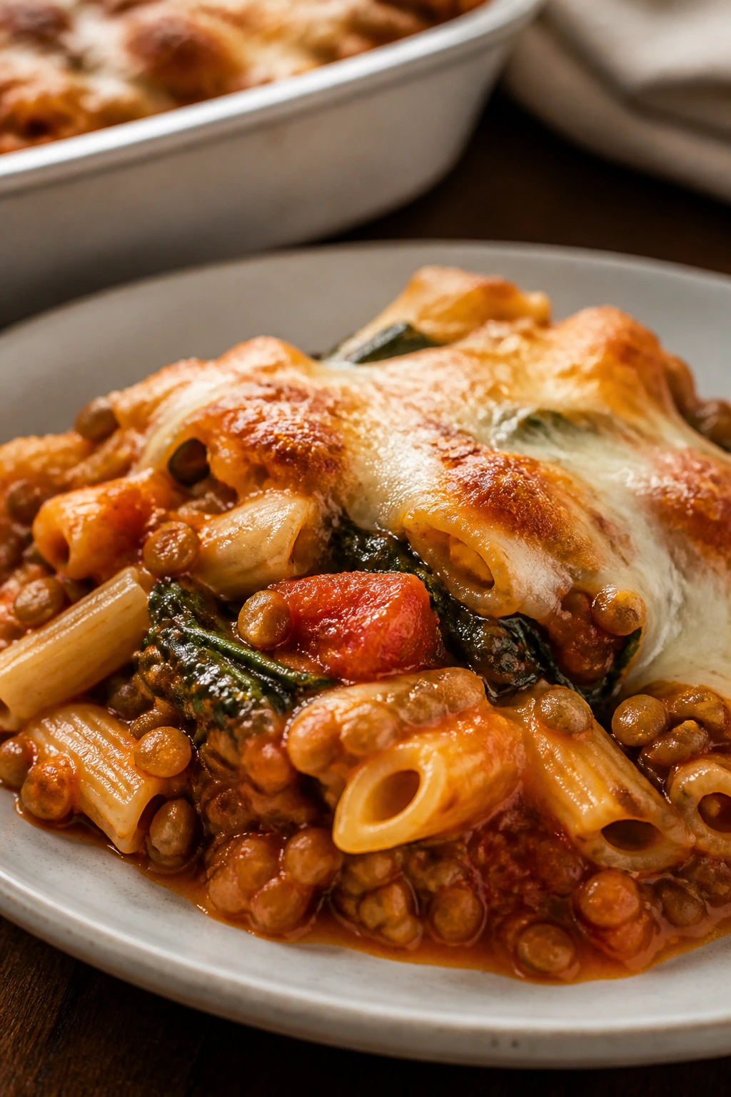 Plated lentil baked ziti with melted cheese and visible lentils
