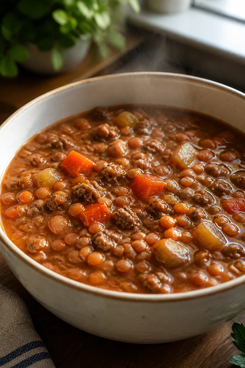 Red lentil and beef soup in a bowl