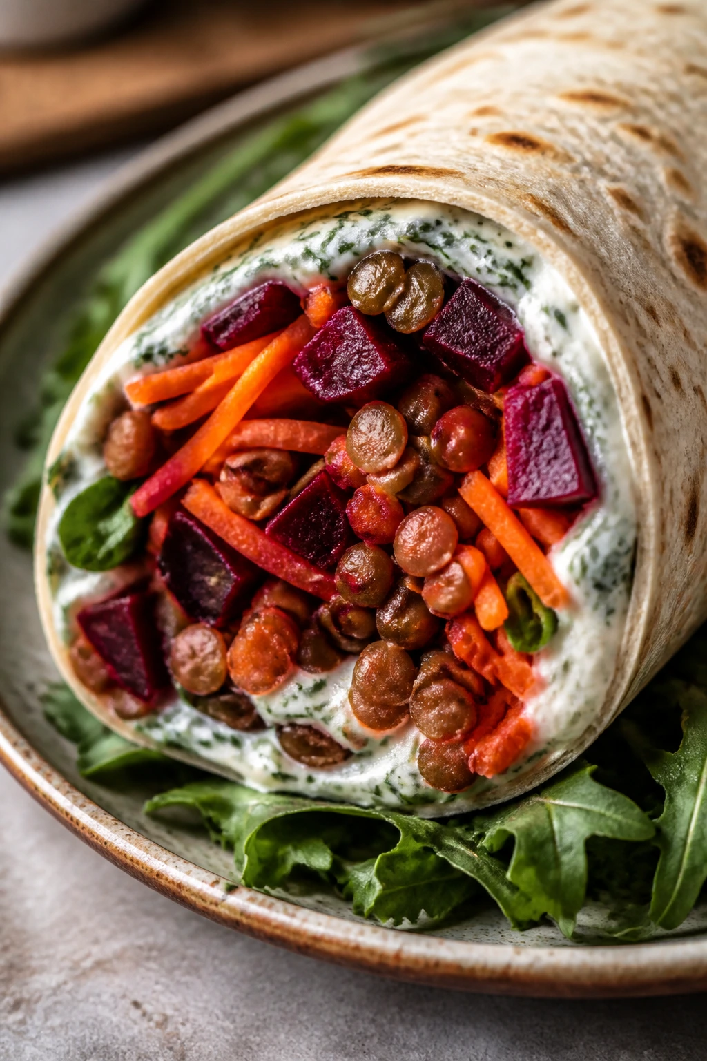 Close-up of lentil beet carrot wrap half on rustic plate
