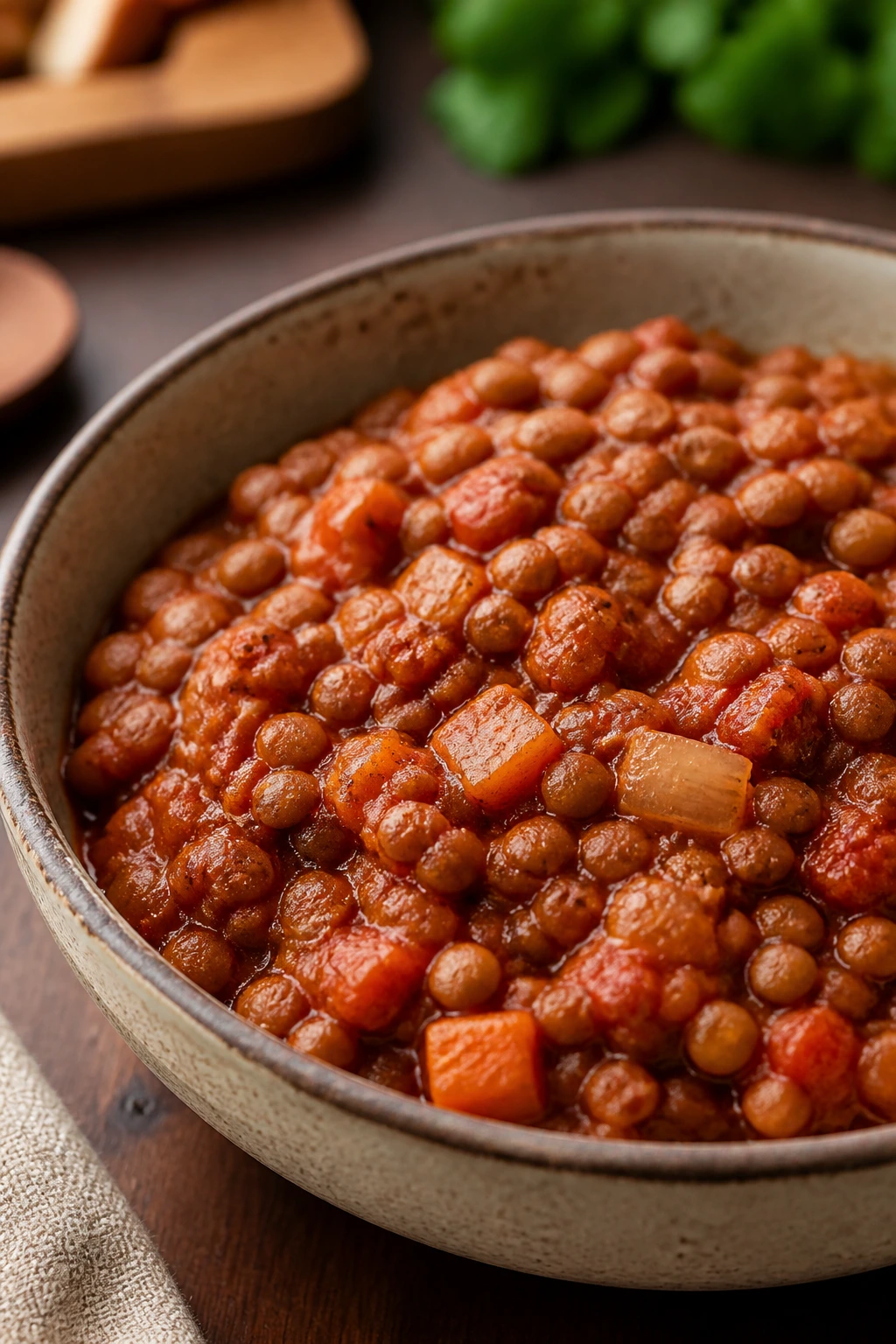 Close-up of lentil bolognese in a ceramic bowl