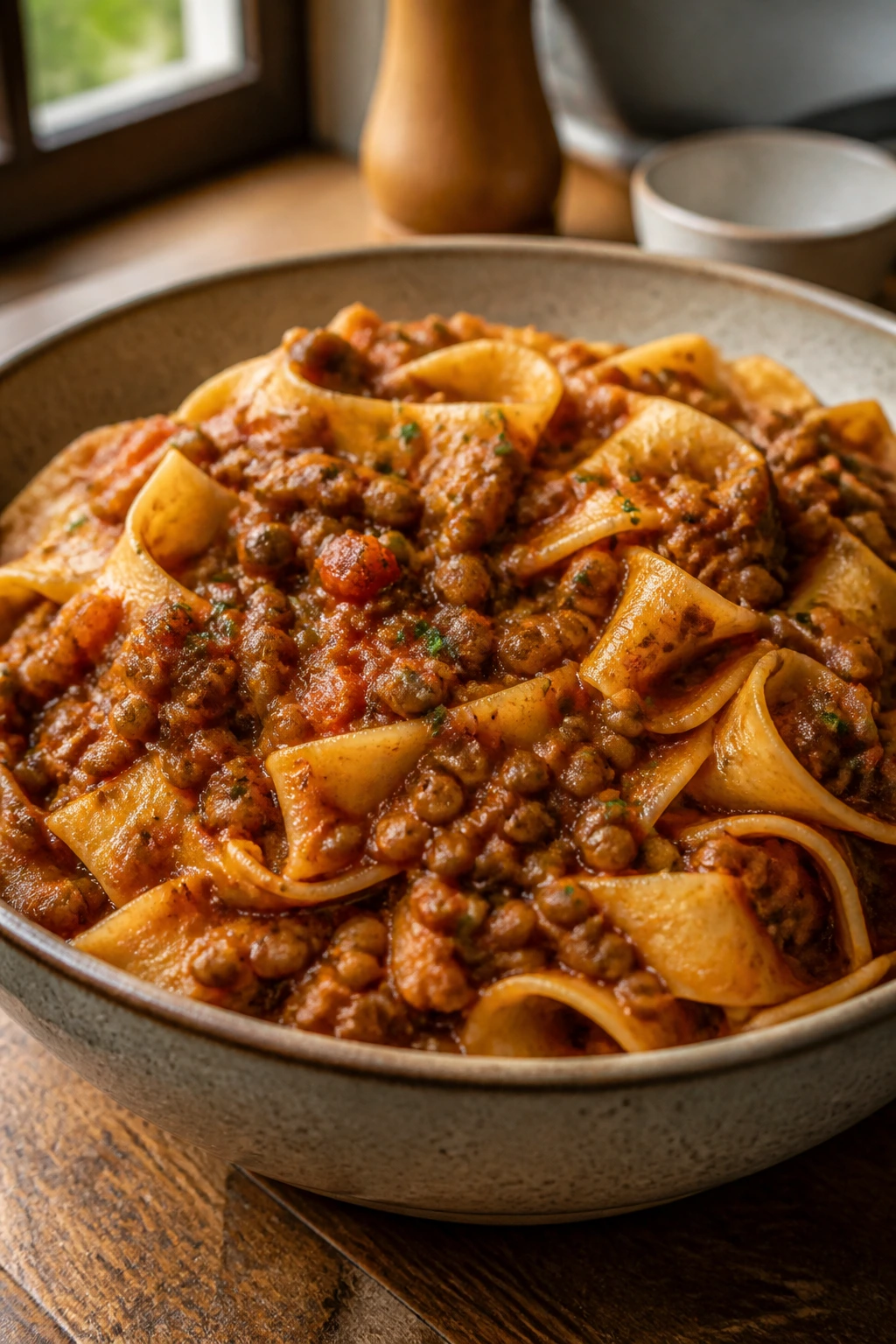 Close-up of lentil bolognese with pappardelle in a rustic bowl