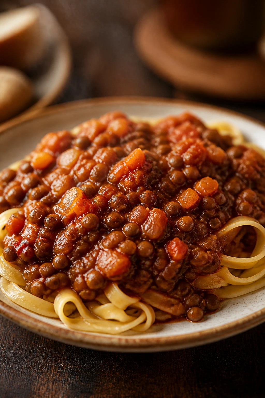 Close-up of Lentil Bolognese with Pasta on a rustic plate