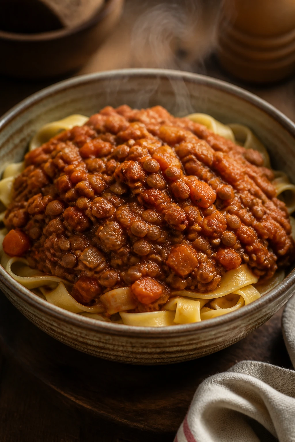 Close-up lentil bolognese with pasta in a rustic bowl.