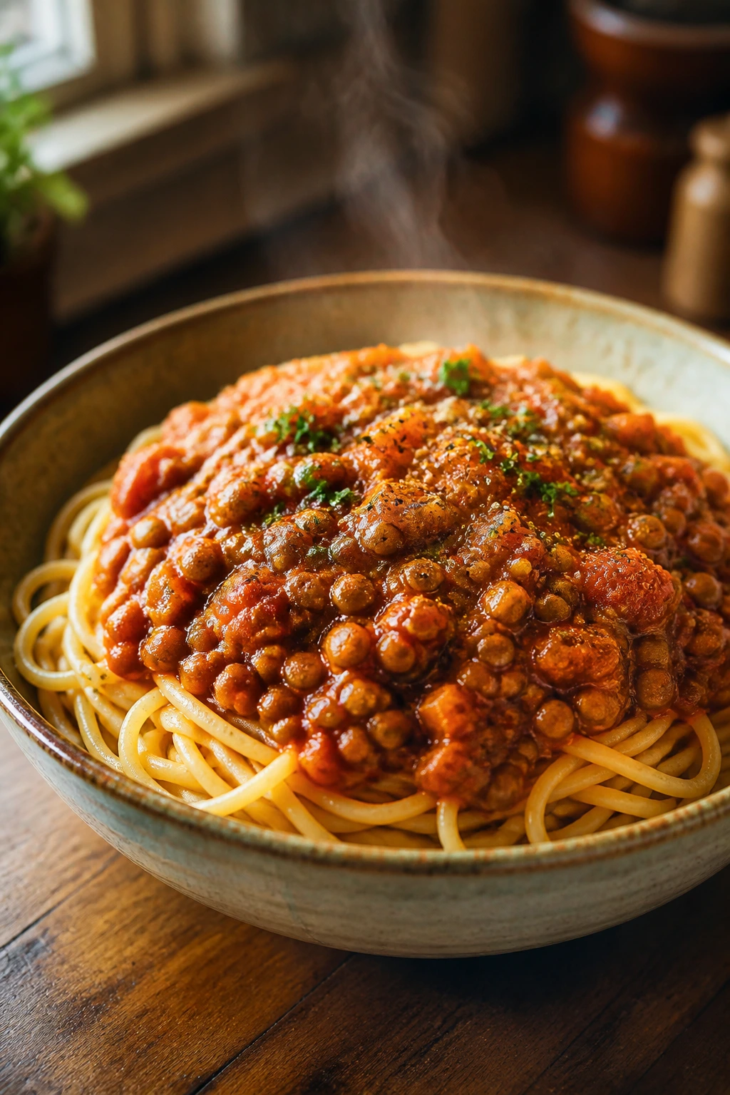 Close-up of lentil bolognese over pasta in a rustic bowl, warm kitchen lighting.