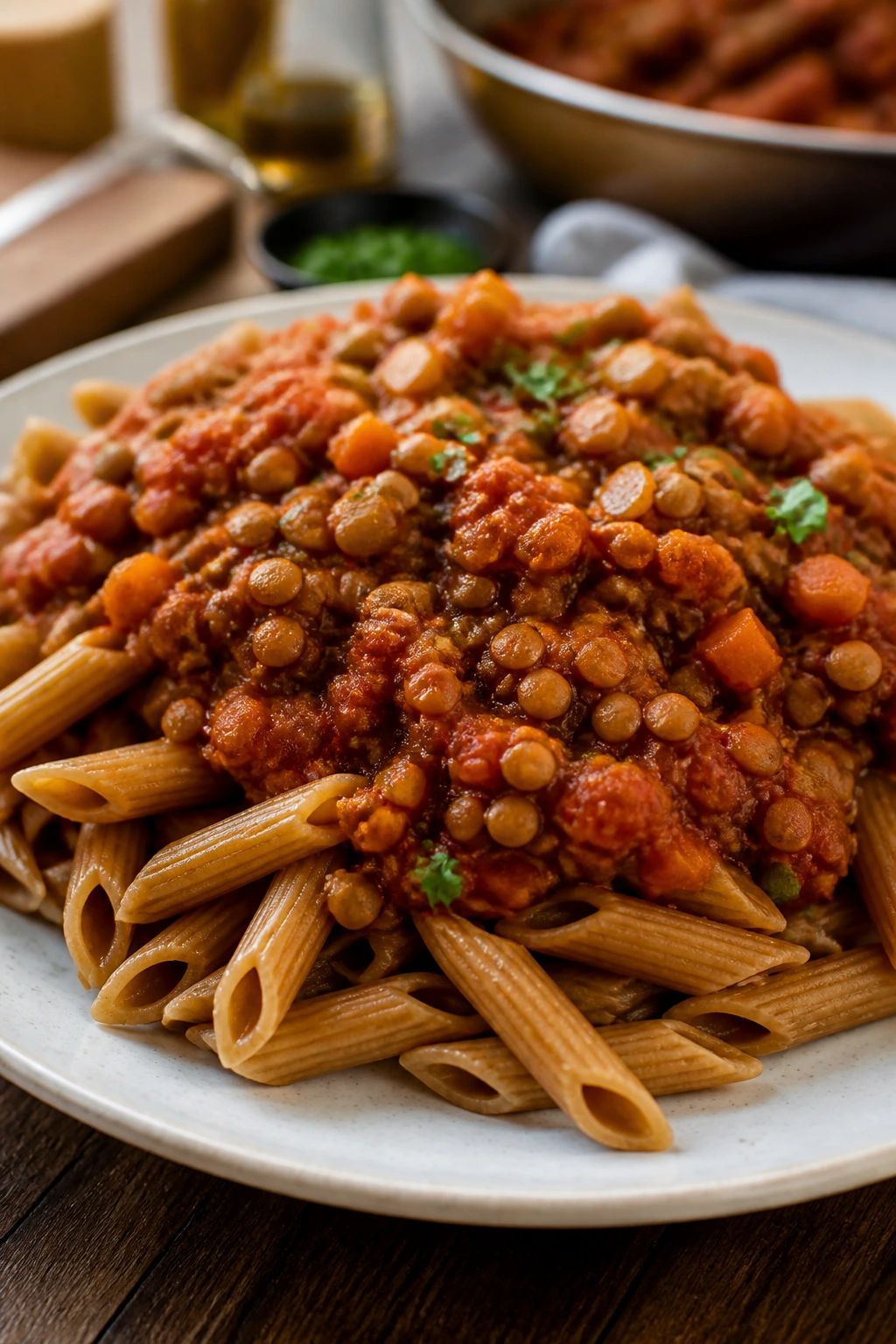 Lentil bolognese over whole-wheat pasta on a plate