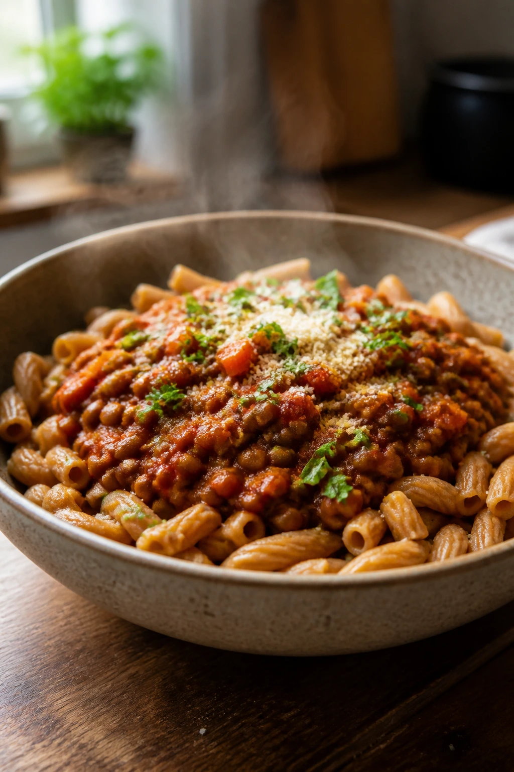 Close-up of lentil bolognese over whole-wheat pasta in a rustic bowl