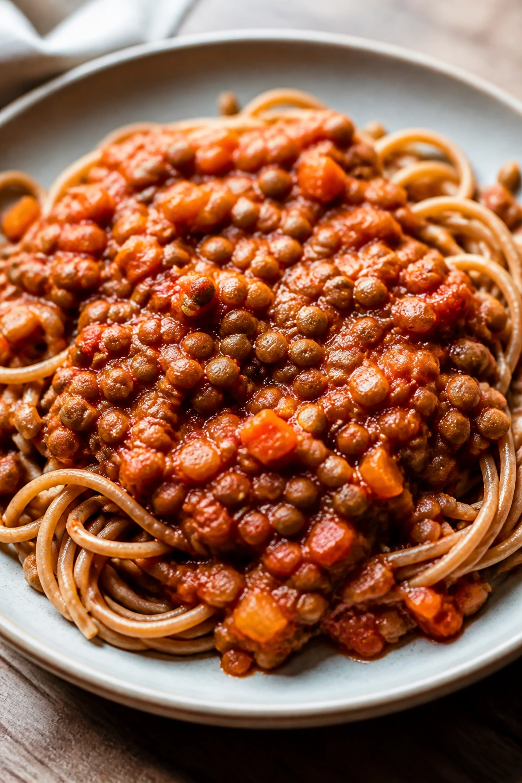 Plate of lentil bolognese over whole wheat pasta