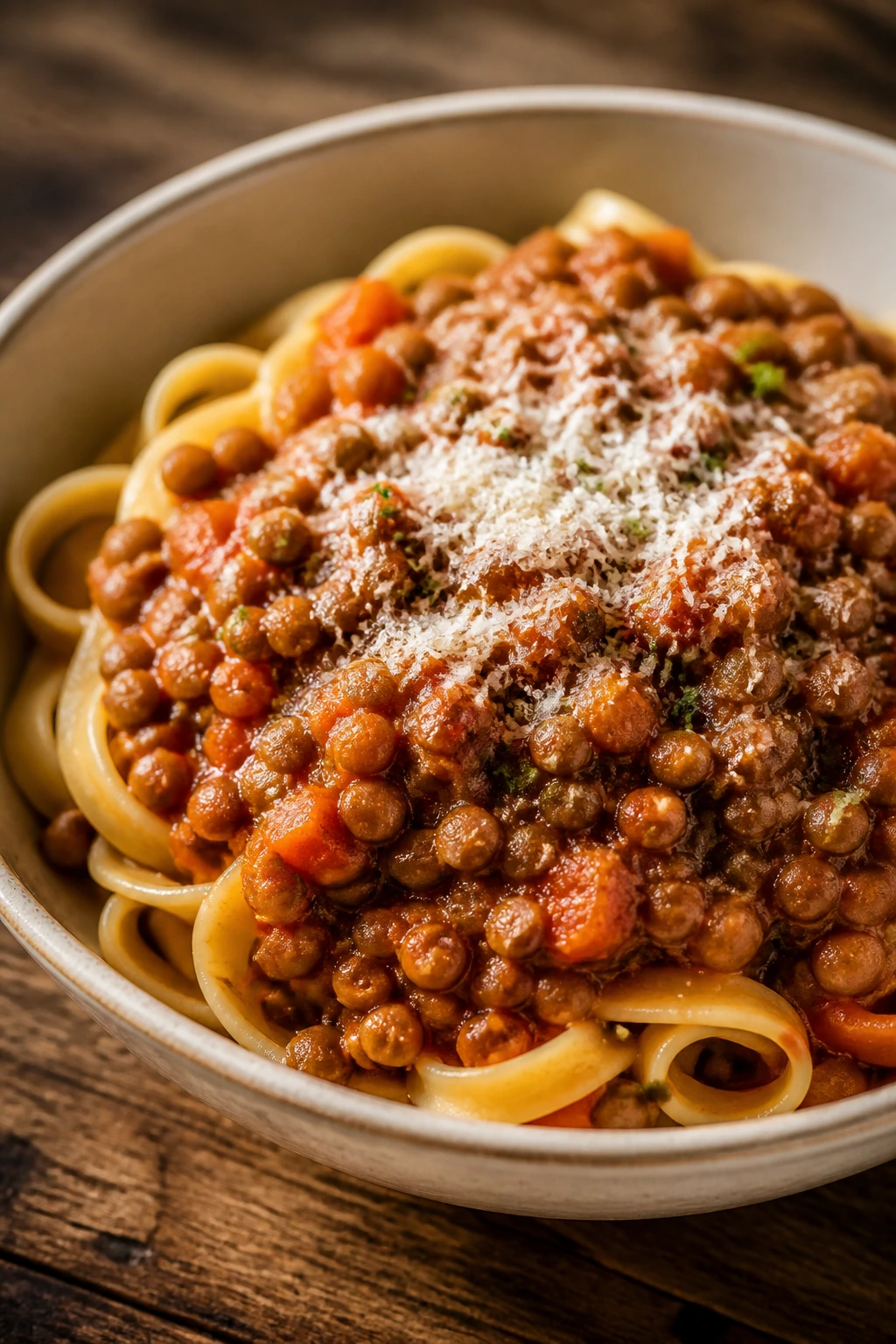 Lentil bolognese over pasta in bowl with Parmesan