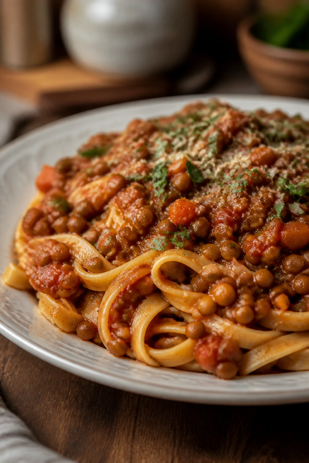 Plate of lentil bolognese over pasta with rich tomato-lentil sauce