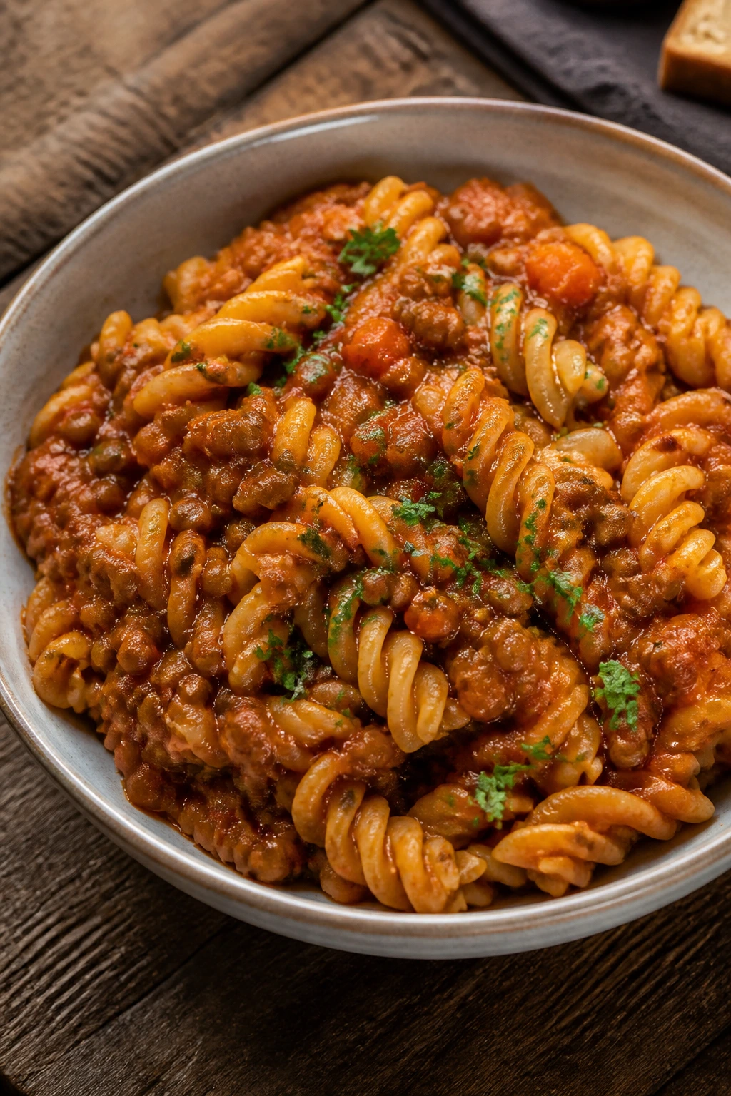 Close-up of lentil bolognese with pasta in tomato sauce