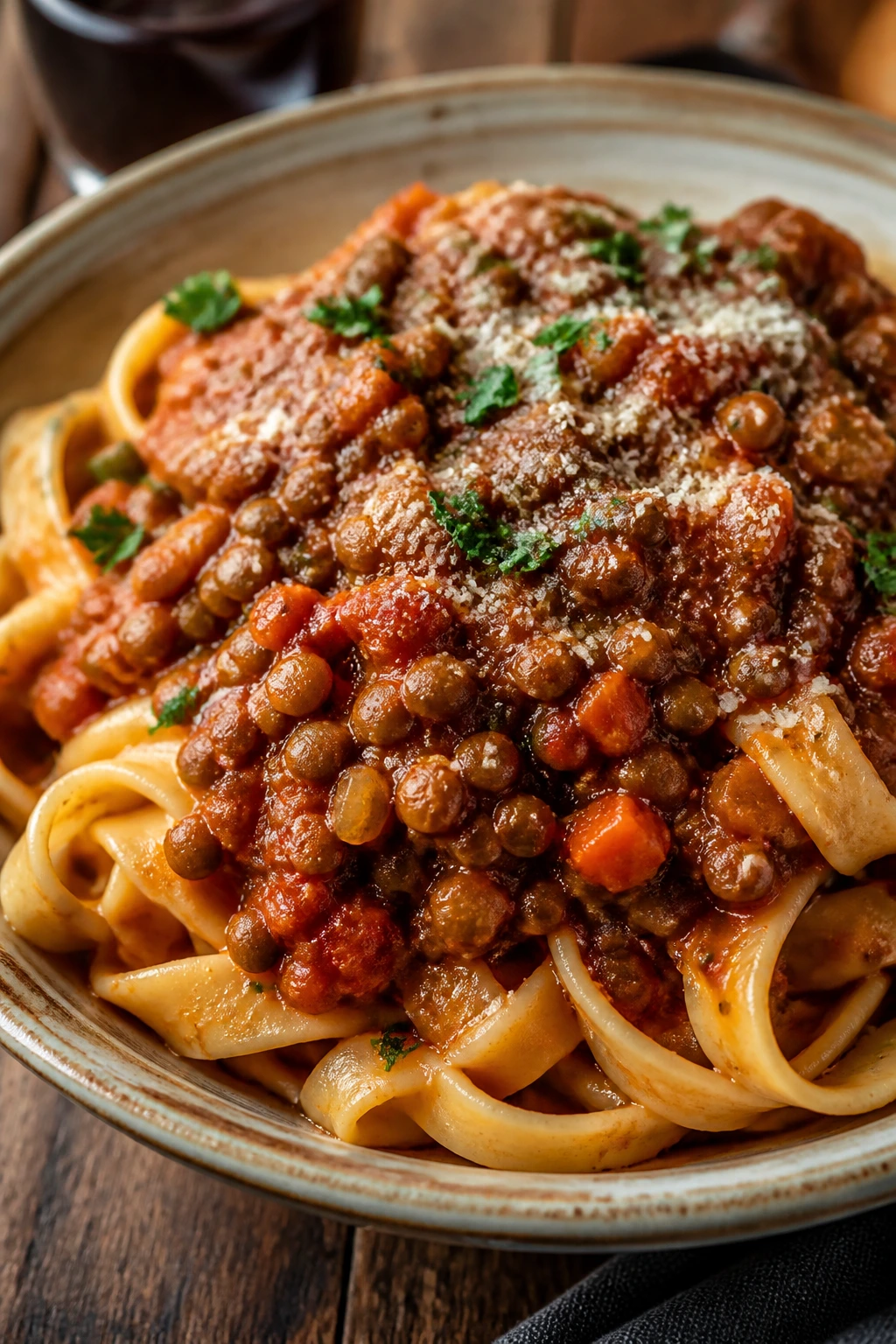 Close-up of pasta with lentil bolognese sauce