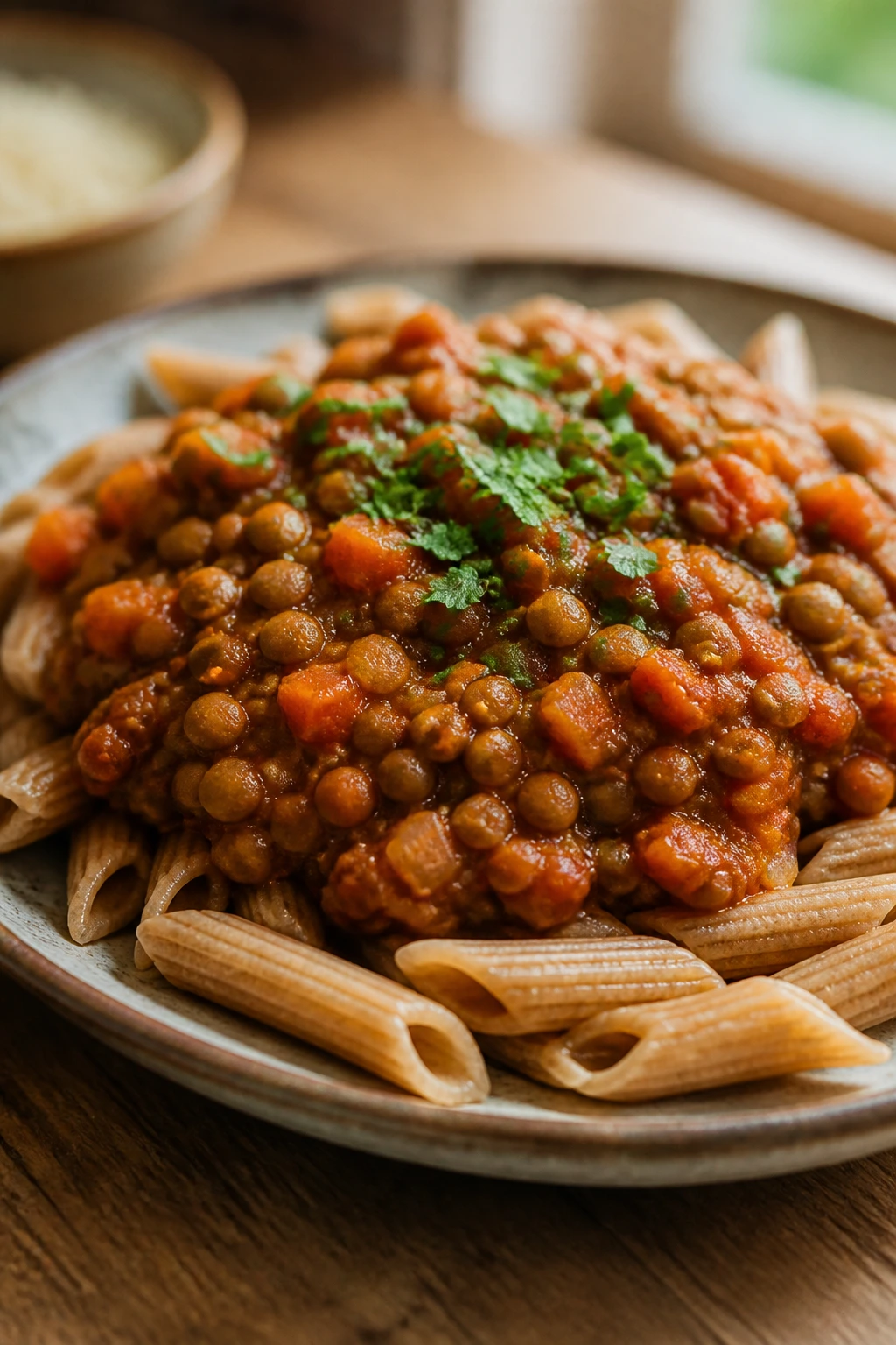 Close-up of lentil bolognese over whole-wheat pasta on a plate, hearty sauce