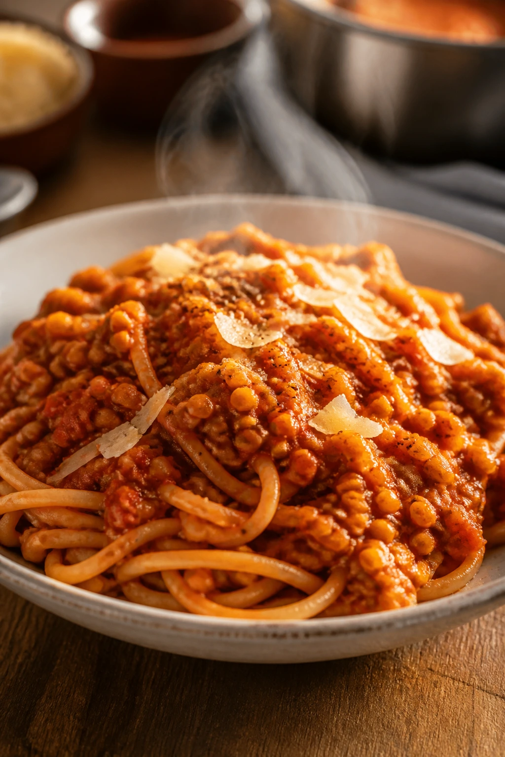Pasta with thick red lentil Bolognese