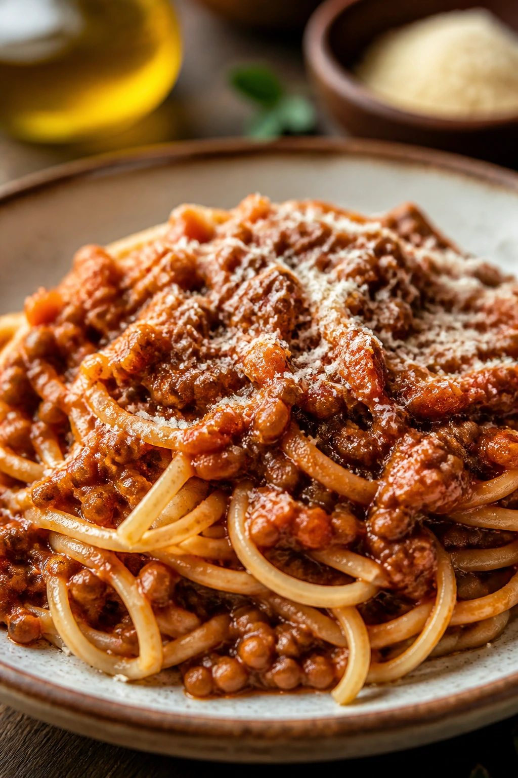 Lentil bolognese pasta with sauce clinging to pasta on a rustic plate