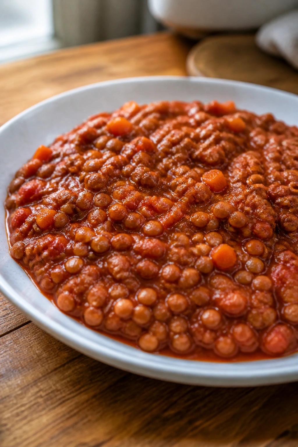 Lentil bolognese in a shallow bowl with visible lentils and vegetables