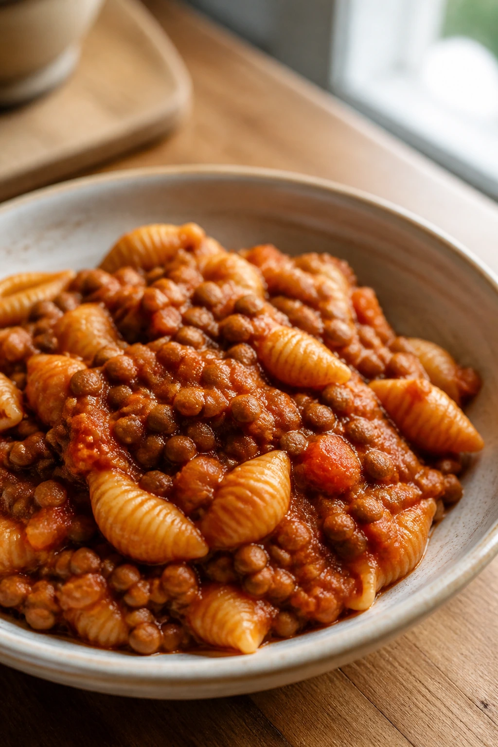 Bowl of lentil bolognese with pasta