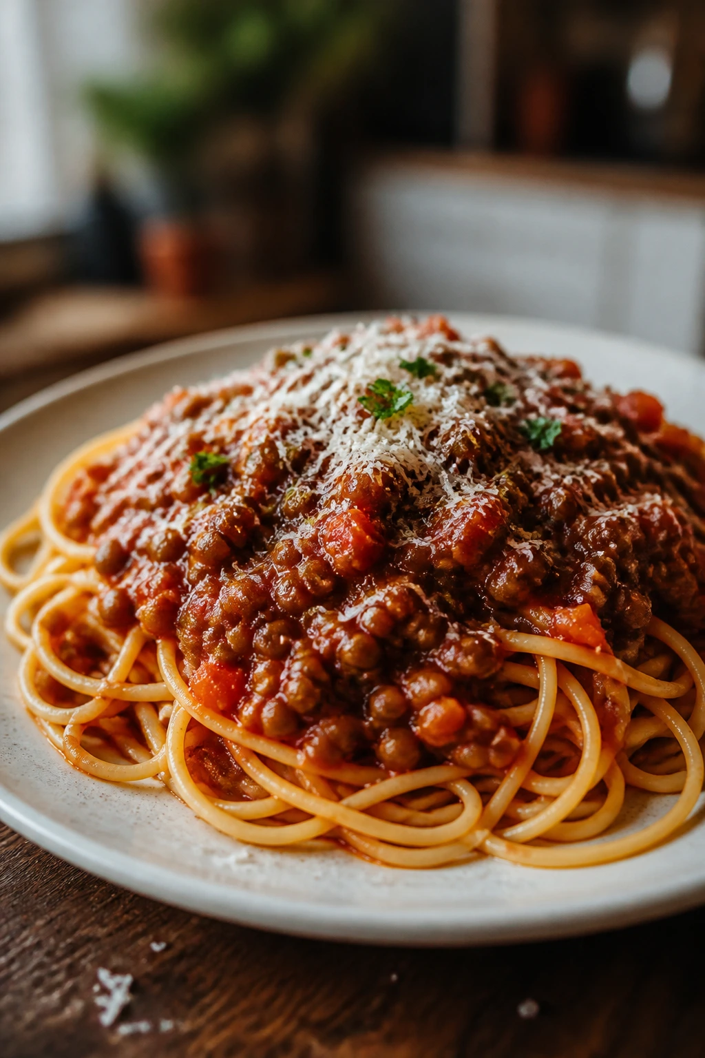 Plate of spaghetti with lentil bolognese sauce.