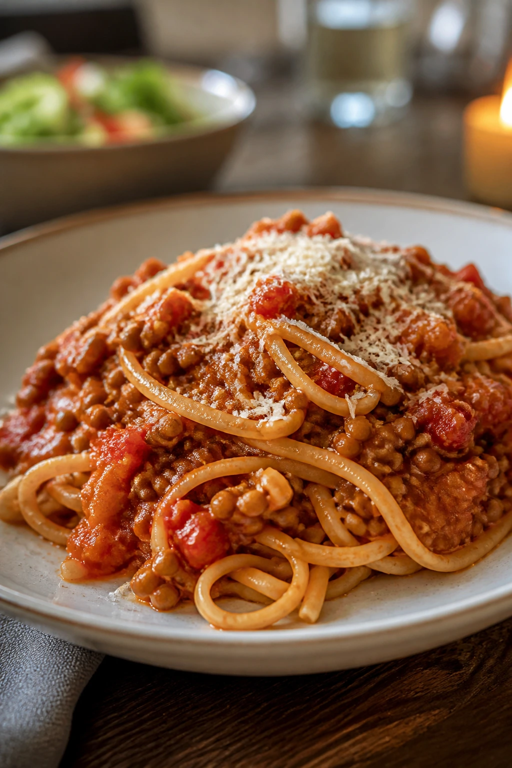 Lentil bolognese with pasta and parmesan