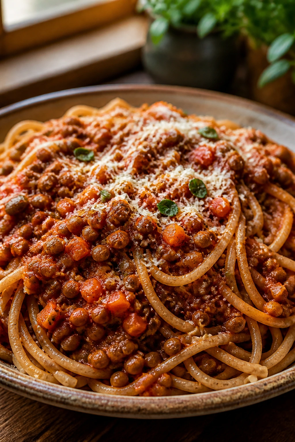 Close up of lentil Bolognese with whole-wheat spaghetti on rustic plate