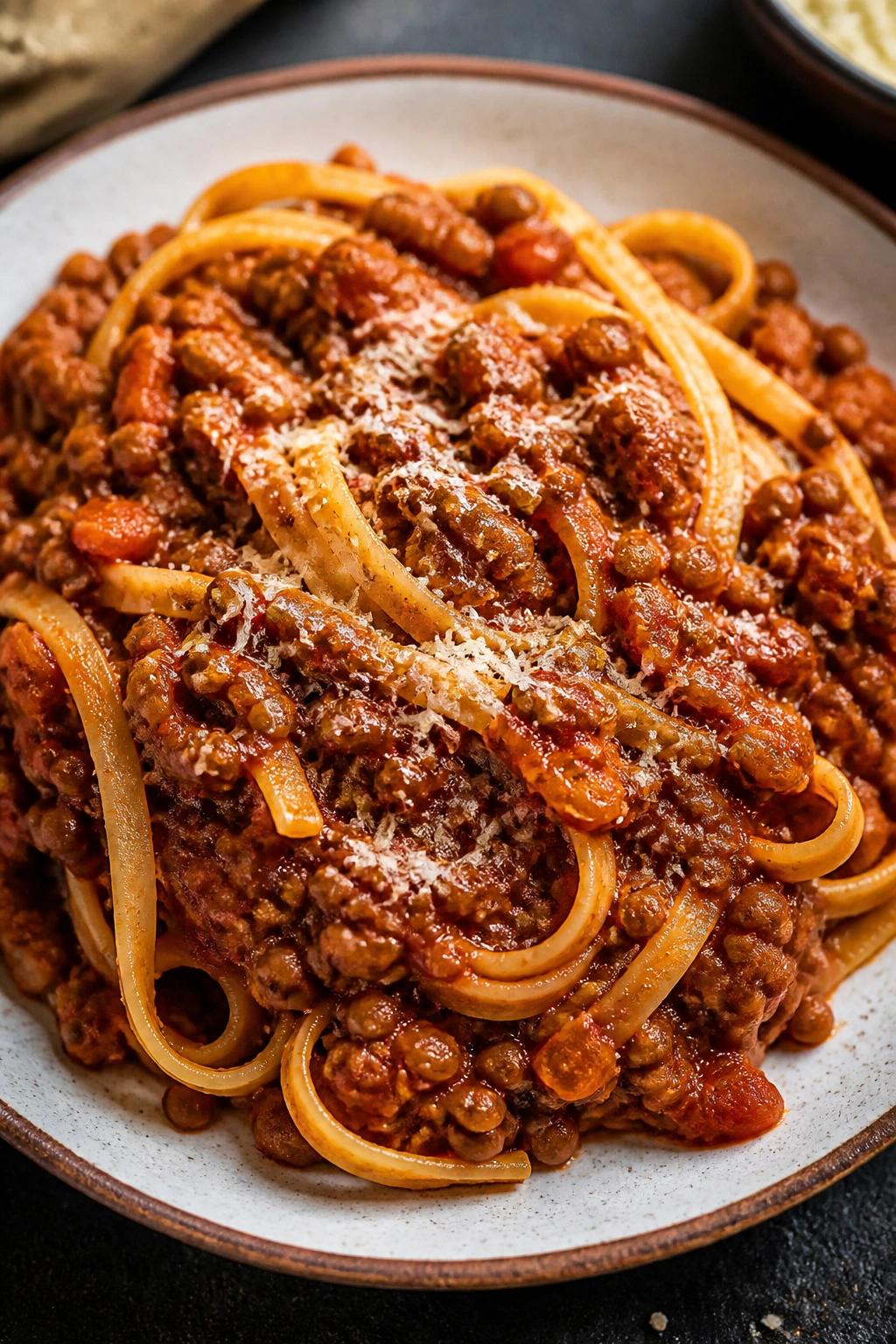 Pasta with lentil Bolognese and Parmesan