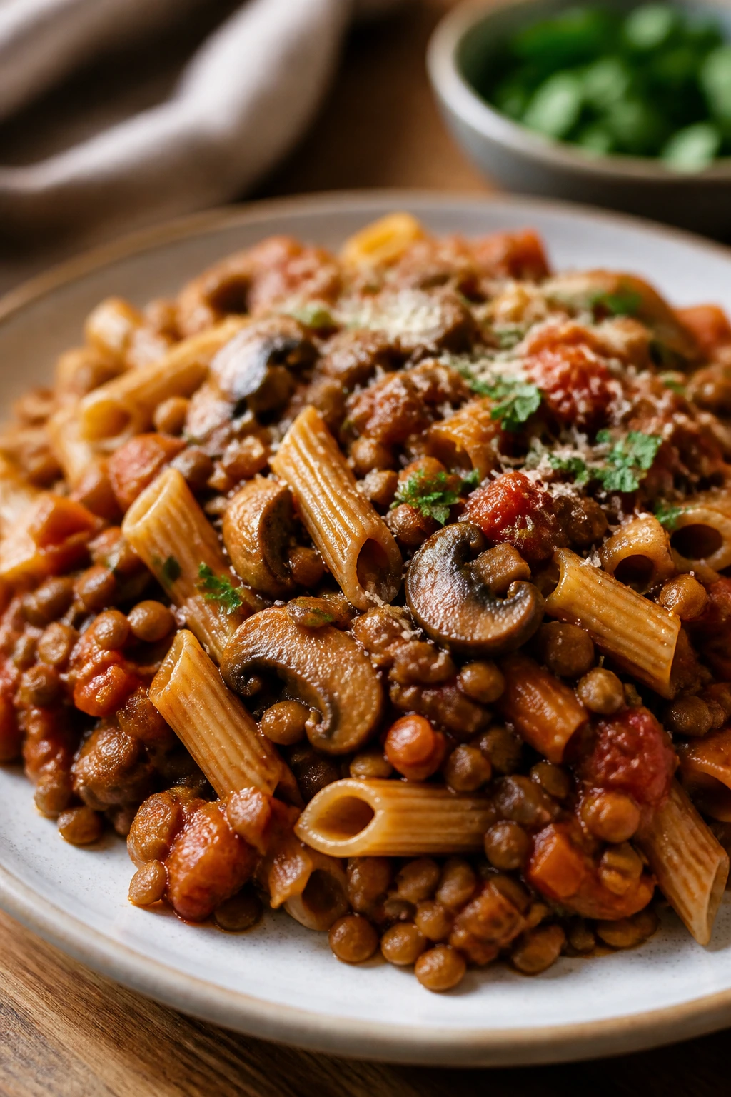 Close-up of lentil bolognese with whole-wheat pasta and mushrooms