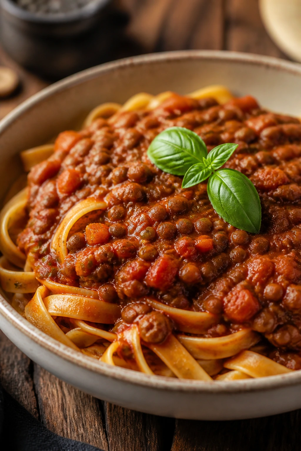 Close-up of lentil bolognese over pasta in a bowl