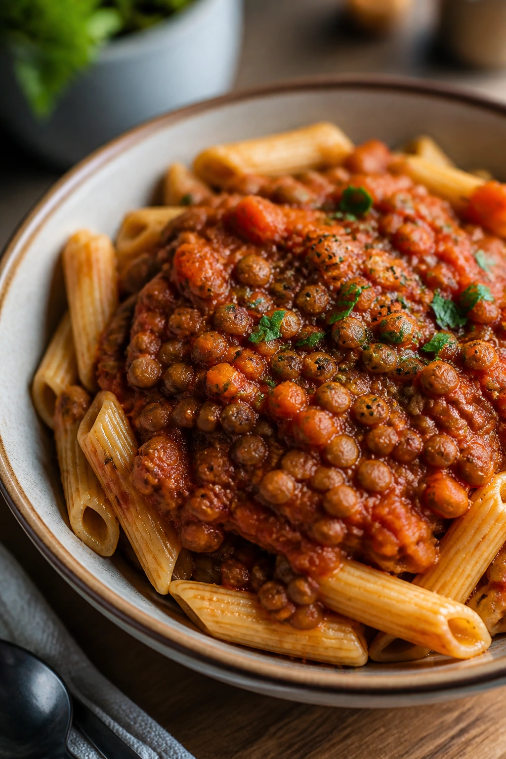 Plate of lentil Bolognese over protein pasta with rich tomato sauce
