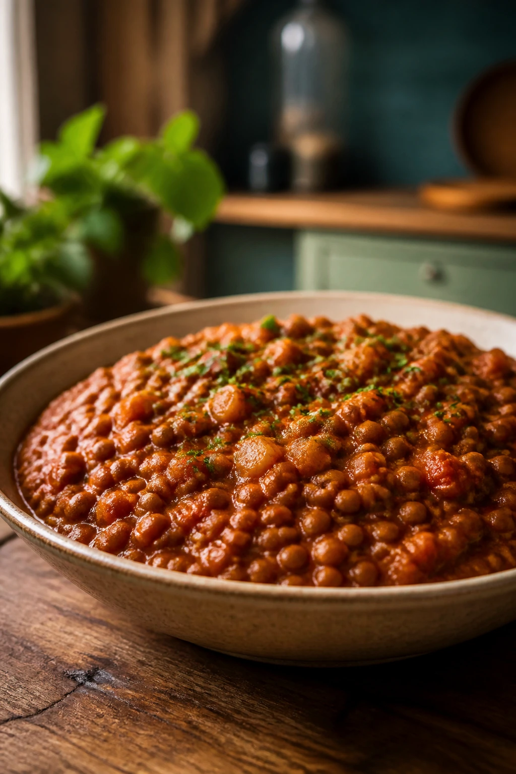 Close-up of lentil bolognese in a bowl with lentils and tomato