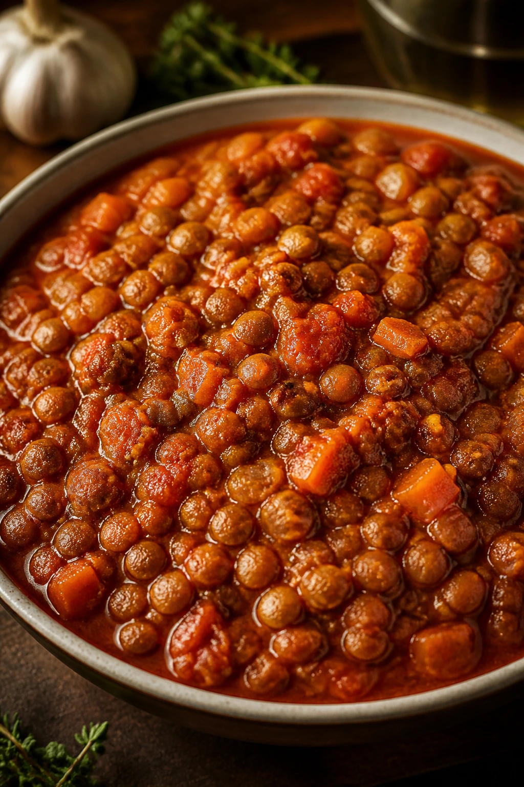 Thick lentil bolognese in a deep bowl