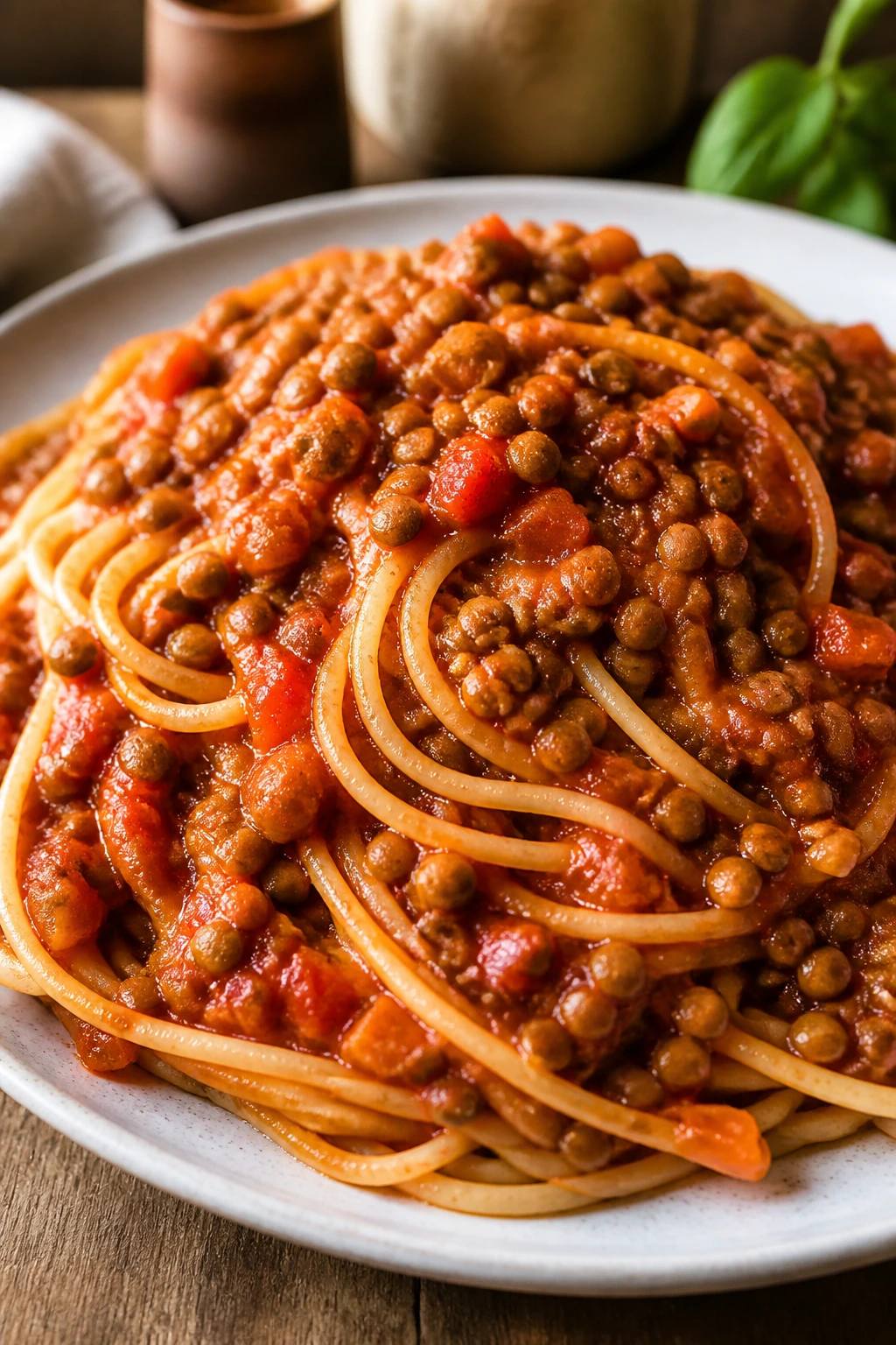 Spaghetti with lentil bolognese sauce on plate