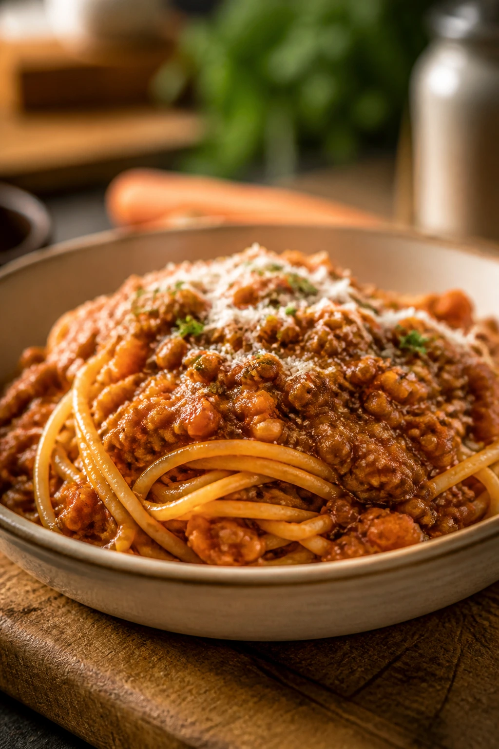Bowl of lentil bolognese over spaghetti with Parmesan