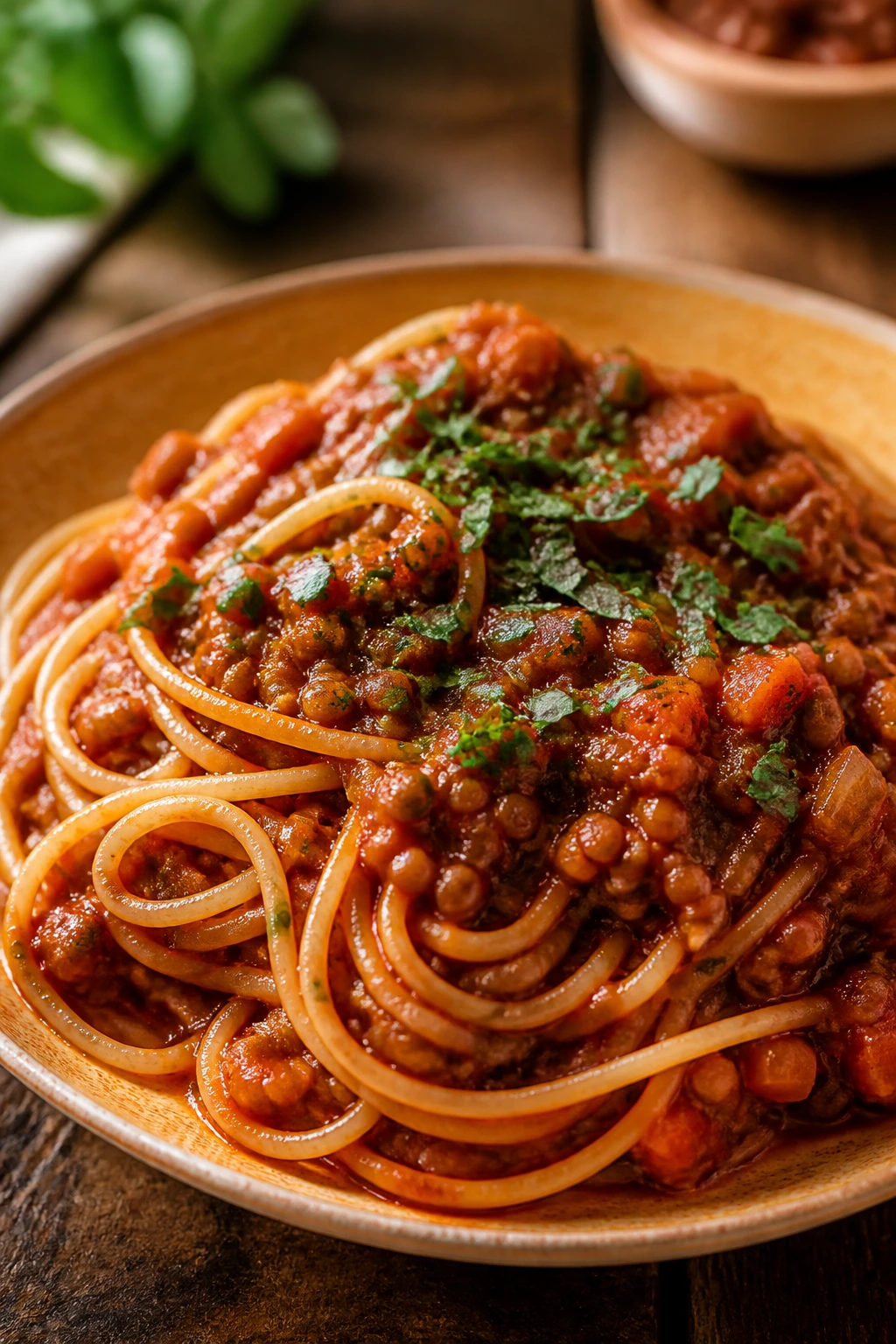 Close-up of lentil bolognese with whole-wheat spaghetti on a warm plate in a cozy kitchen