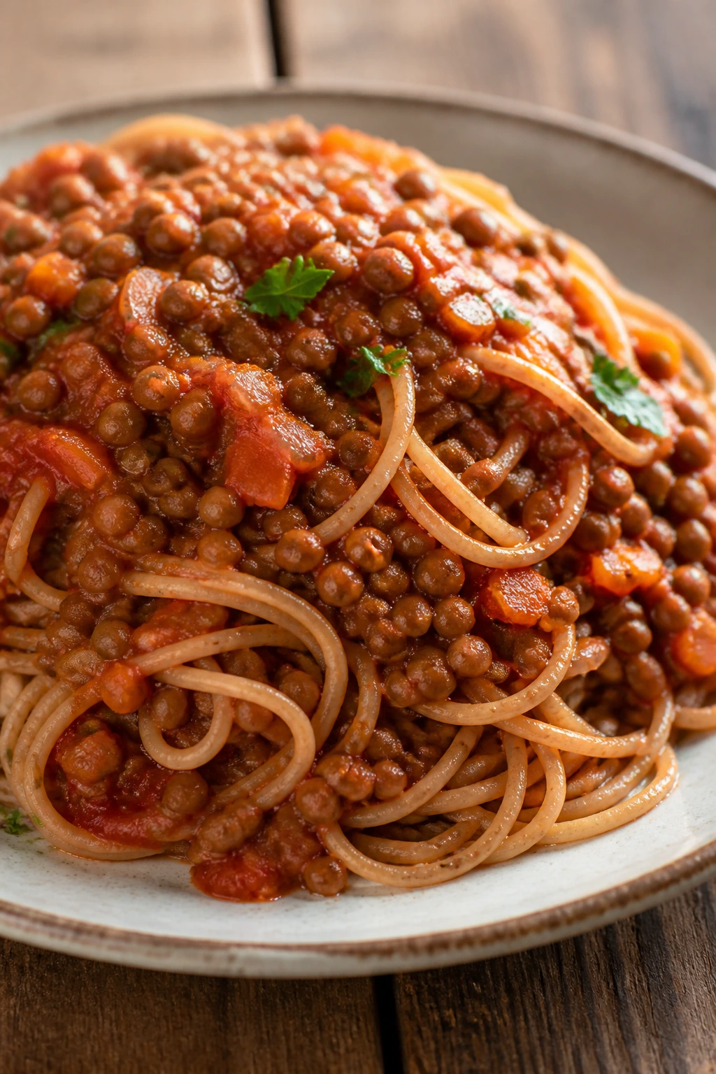 Plate of lentil bolognese over whole-wheat spaghetti