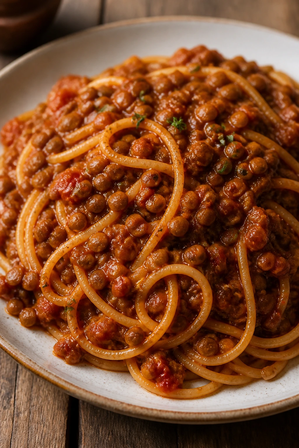 Close-up of spaghetti with lentil bolognese sauce