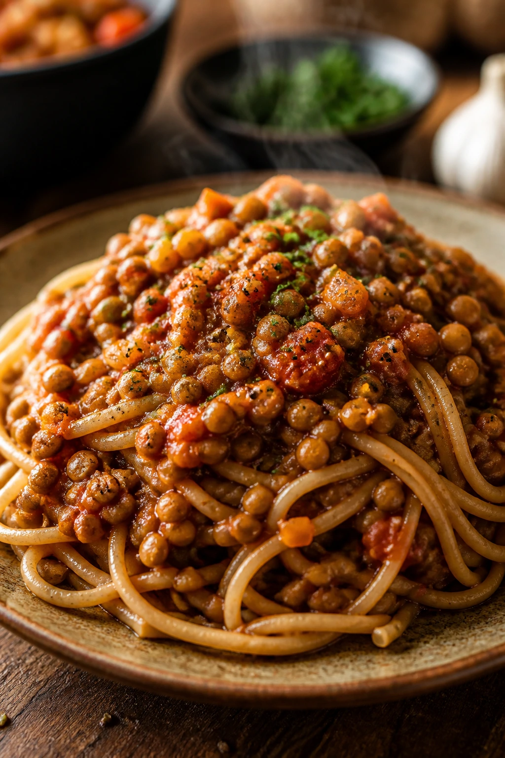 Close-up of lentil bolognese with spaghetti on rustic table