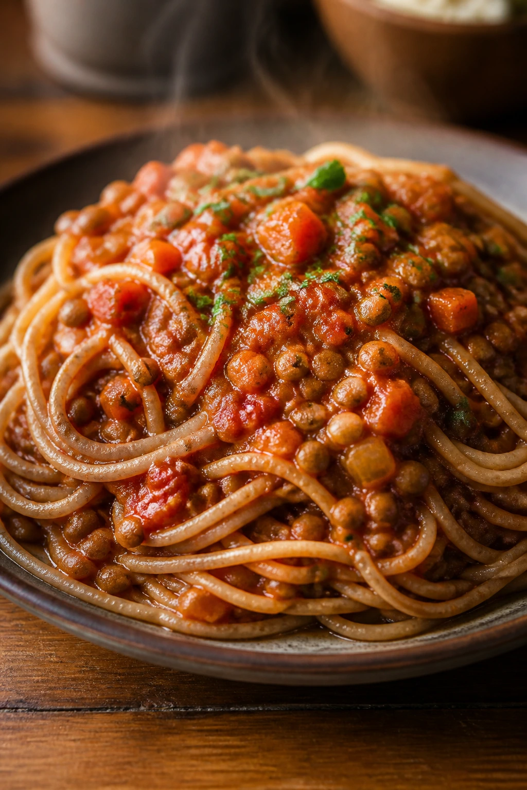 Plate of lentil bolognese with whole-wheat spaghetti