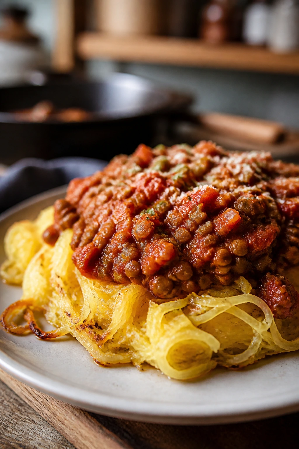 Close-up of lentil Bolognese over spaghetti squash in a cozy kitchen.