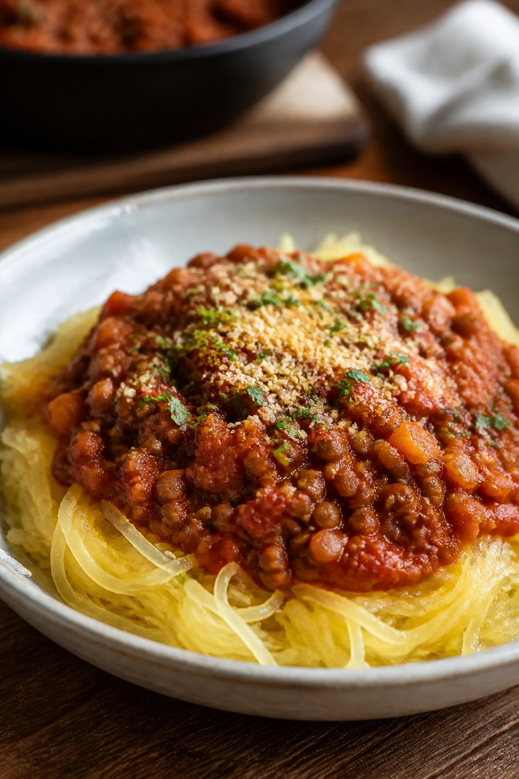 Spaghetti squash strands with lentil Bolognese sauce