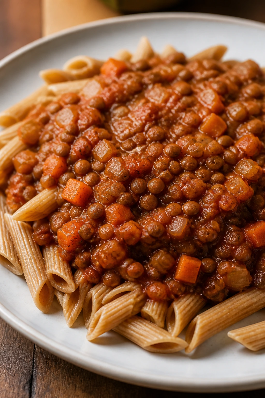 Close-up of lentil bolognese over whole-wheat pasta on a plate