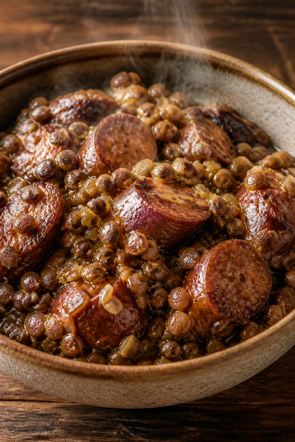 Steaming bowl of lentils and sausage on a wooden table