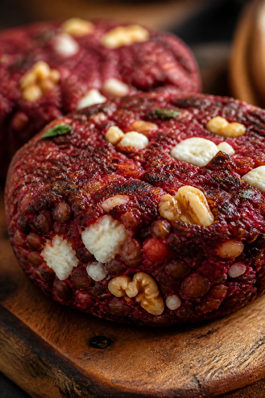 Close-up of beet and goat cheese lentil burger patty with beet color and cheese pockets