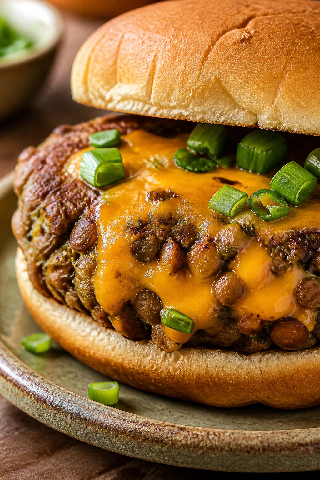 Close-up of cheddar scallion lentil burger patty with melted cheddar